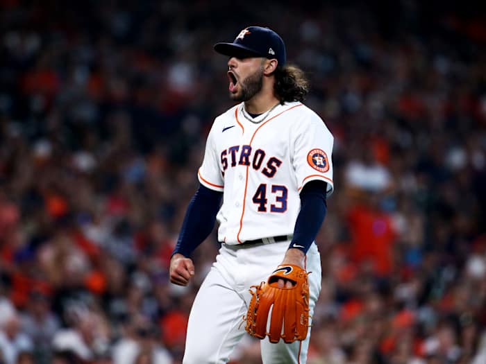 Oct 7, 2021; Houston, Texas, USA; Houston Astros starting pitcher Lance McCullers Jr. (43) celebrates during the fifth inning against the Chicago White Sox in game one of the 2021 ALDS at Minute Maid Park.